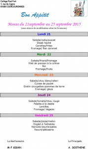 Menus du 21-09 au 25-09-2015